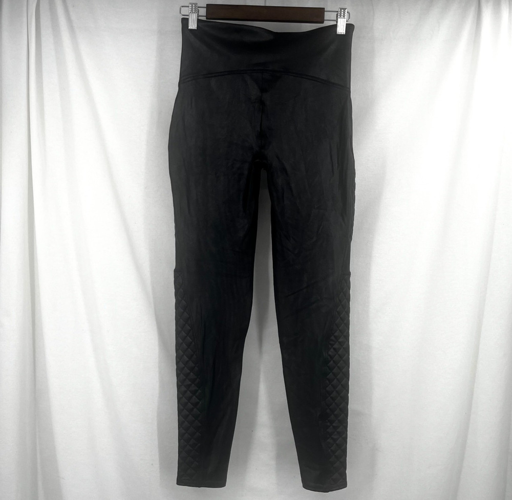 Spanx Moto Leggings Womens L Black Faux Leather Vegan Quilted Pull On Seamless